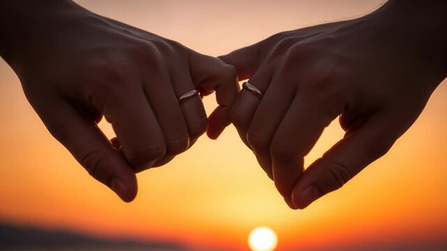 Couple pinky promise with wedding rings at sunset over the ocean