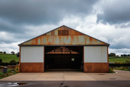 Large industrial barn with rusty corrugated metal walls stands in a green countryside. Open large doors reveal dark interior. Cloudy day sky looms over the structure.