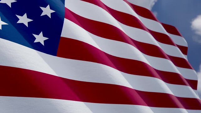 Seamless Loop of American Flag Waving Against Blue Sky and Clouds