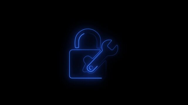 Glowing Blue Neon Padlock and Wrench Icon Animation Loop on Black Background for Password Recovery Cyber Security and Technical Support Concepts.