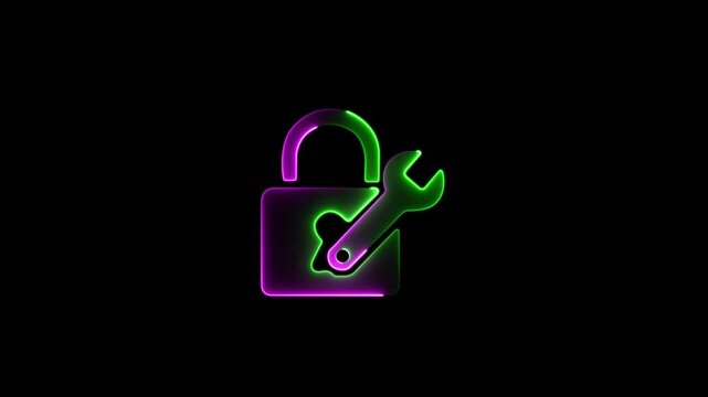 Futuristic Green and Purple Glitch Effect Lock and Wrench Icon Animation Loop on Black Background for Modern IT Support and System Configuration Concepts.
