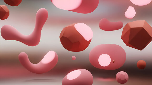 Colorful pink and red geometric shapes floating in mid-air, abstract 3D illustration with various rounded and polygonal forms.