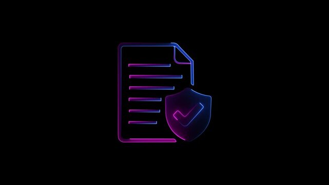 Futuristic Purple and Blue Glitch Effect Document with Shield Checkmark Icon Animation Loop on Black Background for Cyber Security Compliance.