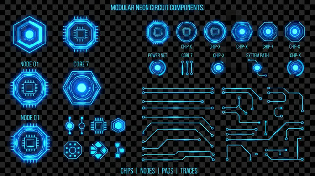Blue circuit board technology background featuring electronic chip, computer network connections, data communication, engineering and digital pattern illustration concept