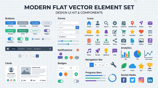 A comprehensive set of flat user interface design elements and flat icons for modern website navigation, featuring UI buttons, menus, and forms for a business login page layout