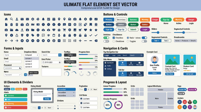 Flat infographic icon set for web and mobile applications including navigation buttons interface elements and vector web design components