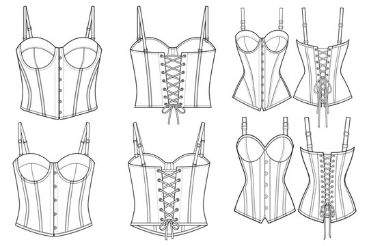 Corset and Bustier Fashion Sketches Set &ndash; Lingerie Sewing Patterns, Vintage Bodice Designs and Technical Illustrations