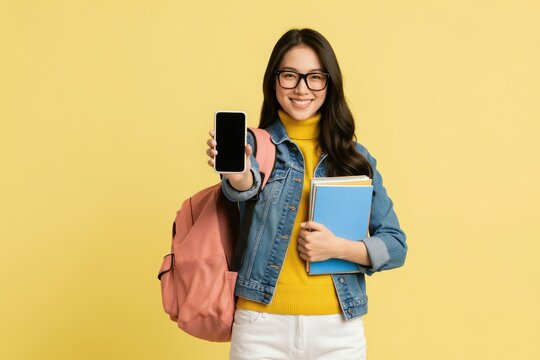 Young Asian student girl with glasses holds book and phone. She wears denim jacket, backpack, smiles happily, shows blank screen for app promo. Education concept.