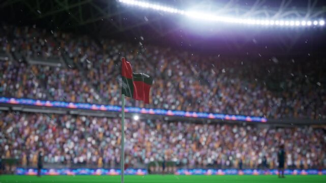 Close up of 3D rendered corner flag getting covered in snow on soccer stadium pitch during cold winter weather. Animation of snowflakes falling over waving corner post on football field