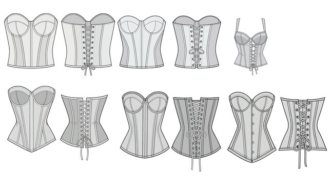 Set of Vintage Corsets and Bustiers Fashion Lingerie Illustrations for Bridal and Costume Design