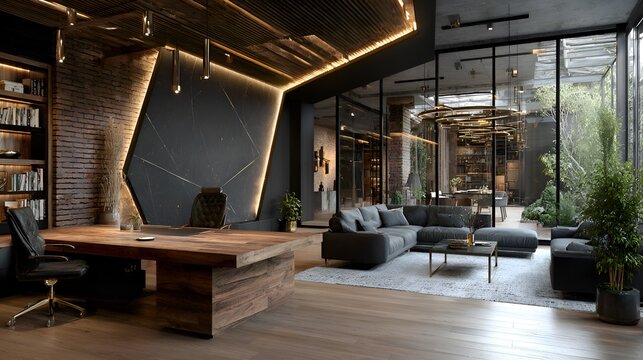 Executive office with a large wooden desk and modern furniture in luxury interior design space with bookshelves and outdoor plants visible, nice.