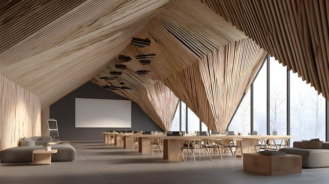 Modern interior features an open concept design with wooden slat walls, exposed ceiling beams, and large bing in natural light.