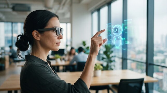 businesswoman interacting with ai chatbot hologram interface in modern office