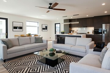 Fototapeta premium Modern open concept living area with light grey sofas, geometric rug, glass coffee table, sleek kitchen with dark wood cabinets. Natural light fills spacious room creating comfortable, inviting