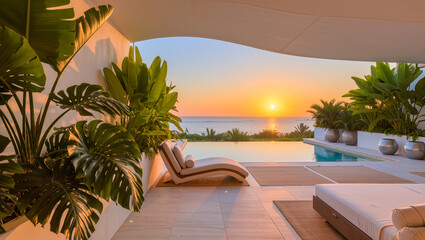 Obraz na płótnie Canvas Luxury oceanfront villa terrace with infinity pool tropical plants and sunset sea view resort retreat