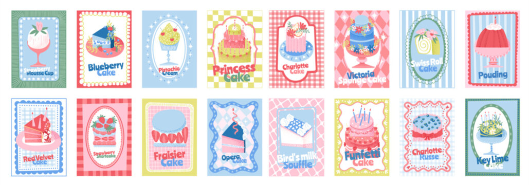 Cake and dessert in a frame. Pastry. Vector illustration of sweet bakery, birthday cake, mousse, pudding, ice cream, сonfectionery and berries for a greeting card, kitchen wall poster