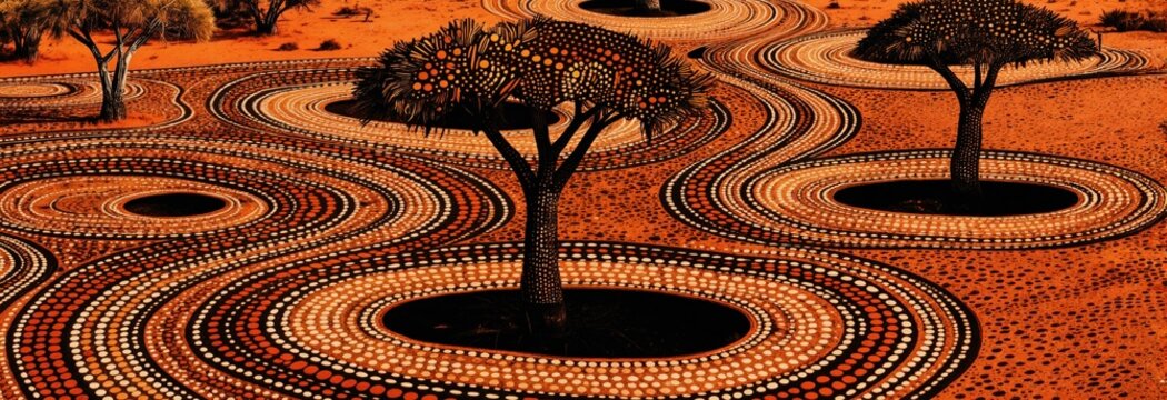 Australian indigenous dot art landscape with trees and winding paths. Traditional pattern in earthy orange tones evokes the outback. Symbolizes culture nature and storytelling.