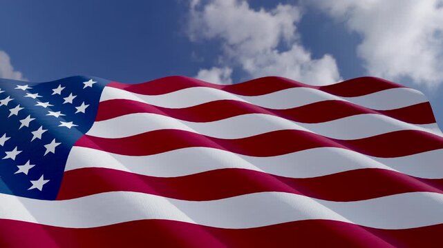 Seamless Loop of American Flag Waving with Copy Space Against Blue Sky and Clouds