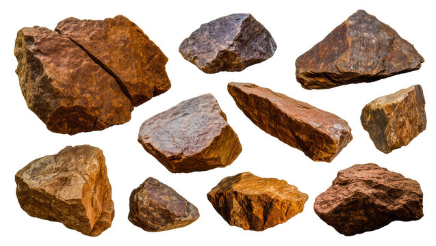 Isolated collection of rugged natural stones and raw rough rock pieces in various shapes
