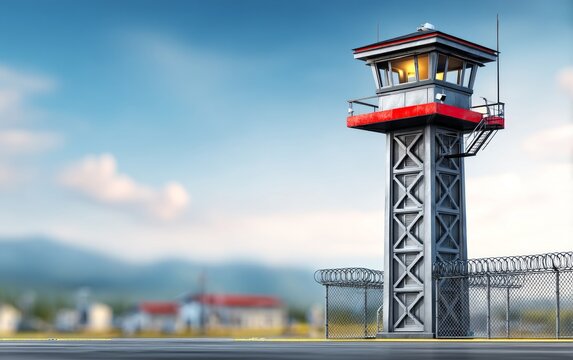 High Guard Tower Overlooking Empty Prison Grounds in Vast Landscape
