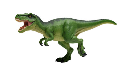 Isolated vibrant green prehistoric dinosaur toy, fierce T-Rex roaring with sharp teeth © Niamh
