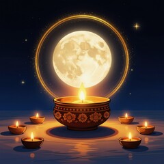 Obraz premium Glowing oil lamps surround a large full moon in a dark night sky. This festive Indian illustration depicts a spiritual ceremony under lunar light. Celebrate Sharad Purnima.