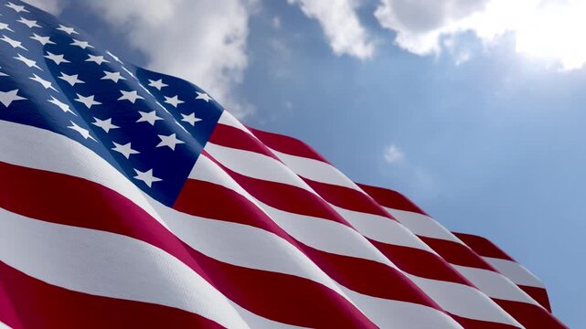 Seamless Loop of American Flag Waving with Copy Space Against Blue Sky and Clouds