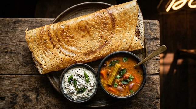 Crispy thin golden dosa with coconut chutney sambar overhead tight macro close-up extreme texture and detail visible