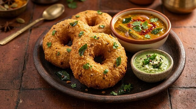 Crispy medu vada lentil doughnut with sambar chutney overhead three-quarter angle plated full context