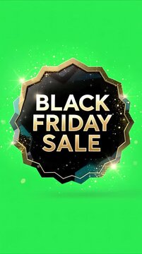 Black Friday sale badge animation on green screen. Black gold luxury badge zoom in bounce with sparkles. 4K seamless loop chroma key overlay for e-commerce ads, promos, social media.