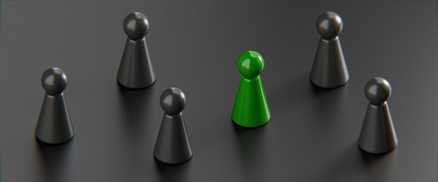 3d pawn figurines on a solid colour background, inclusion, individuality, business background