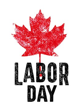 A textured red maple leaf stands above the words Labor Day, which are printed in distressed black lette on a clean white background.