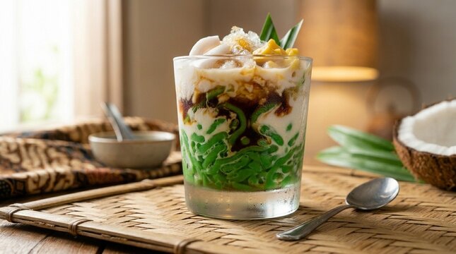 Indonesian es cendol green jelly coconut milk palm sugar low angle dramatic looking up at subject