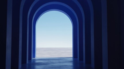 Fototapeta premium Blue arched corridor leads to bright sky and calm sea. Empty modern interior with clean floor and walls. Minimalist architecture concept for digital art.