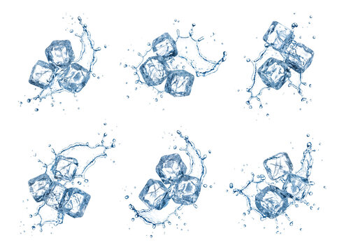 Group of ice cubes splashing water