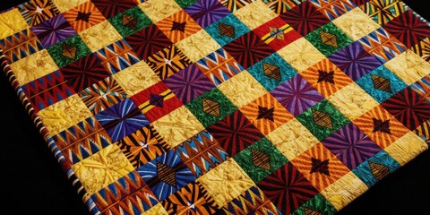 Fototapeta premium Colorful African Kente cloth quilt made of patchwork squares. Vibrant patterns and textures show traditional textile art. Handmade textile object with geometric designs in bright hues.
