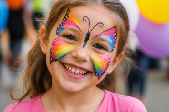 Young girl smiling with butterfly face paint at festival