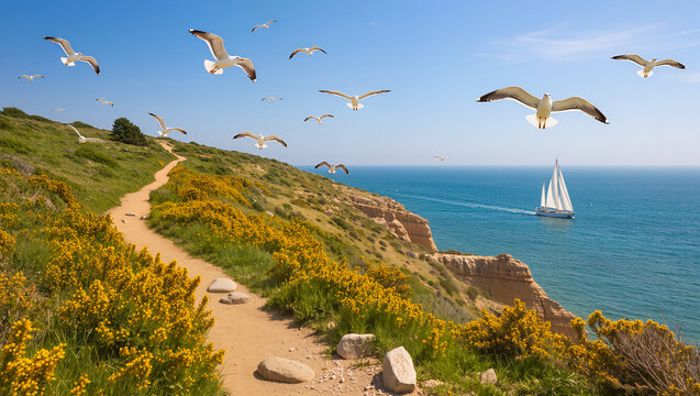 Coastal cliff path with blooming Ulex europaeus gorse seagulls and sailing yacht on blue sea