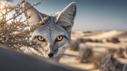 Naklejka premium Desert Fox Partially Hidden Behind Dry Shrubs in Arid Landscape