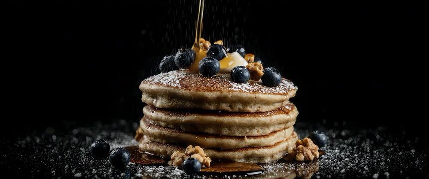 Fluffy Pancakes with Floating Blueberries and Dripping Maple Syrup