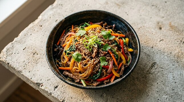 Glass noodle japchae with sesame seeds close macro overhead 45-degree hero angle classic food photography