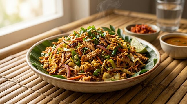 Sri Lankan kottu roti stir-fried chopped flat bread overhead straight on eye-level profile hero shot