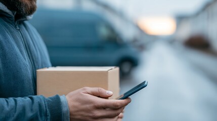 Fototapeta premium Delivery worker in winter weather using phone