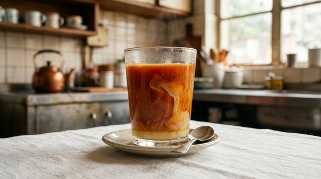 Hong Kong milk tea in glass condensed milk ribbon close 45-degree hero angle classic food photography