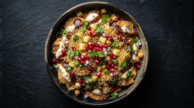 Colourful papdi chaat tamarind yoghurt sev pomegranate overhead close shallow depth of field portrait isolation