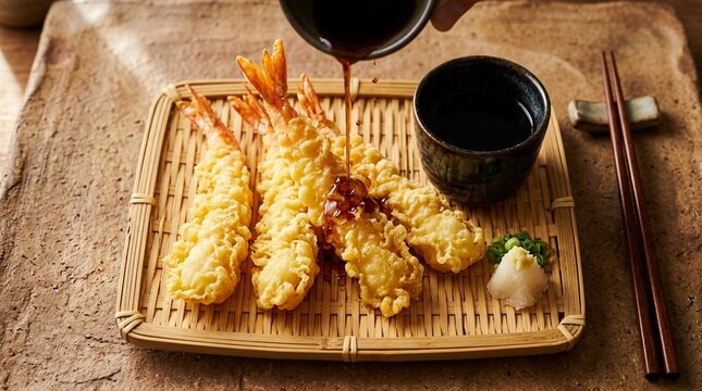 Golden light-battered king prawn tempura on bamboo rack tentsuyu cup sauce drizzle action overhead freeze frame