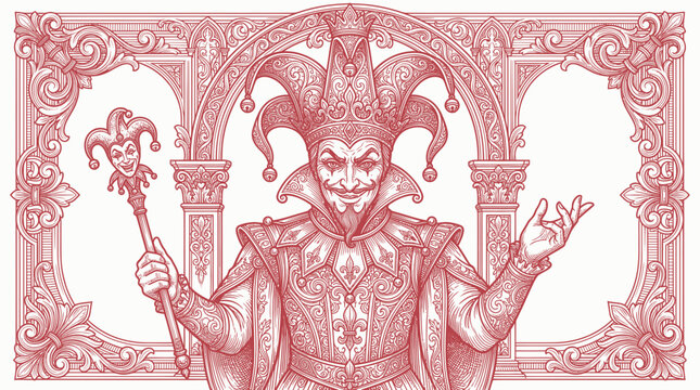 Jester King with Scepter, Ornate Medieval Archway, Red Ink Drawing