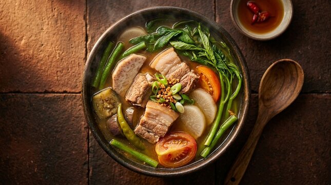 Sinigang tamarind sour soup pork vegetables overhead close shallow depth of field portrait isolation