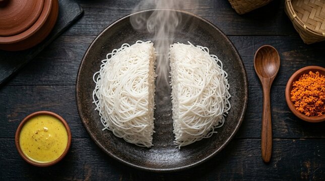 Nest Sri Lankan string hoppers rice vermicelli nest overhead cross-section cut revealing interior layers