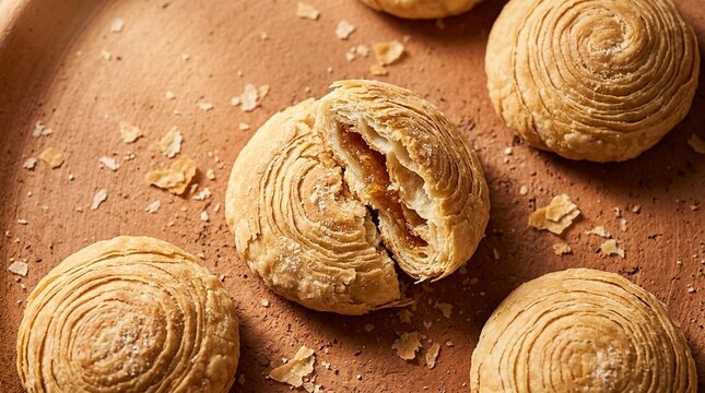 Taichung sun cake flaky pastry overhead flat lay close macro shallow depth of field portrait isolation